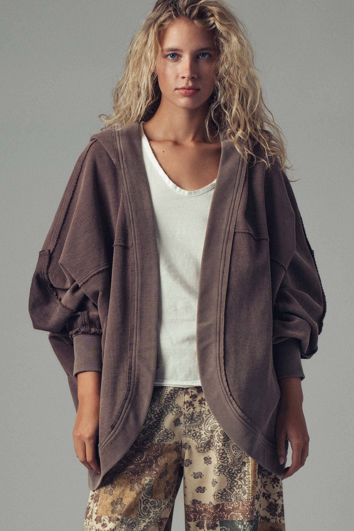 Urban Daizy Washed Waffle Knit Hooded Cardigan
