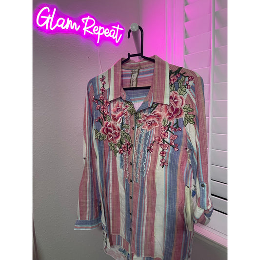 Aratta Floral Embroidered Striped Shirt