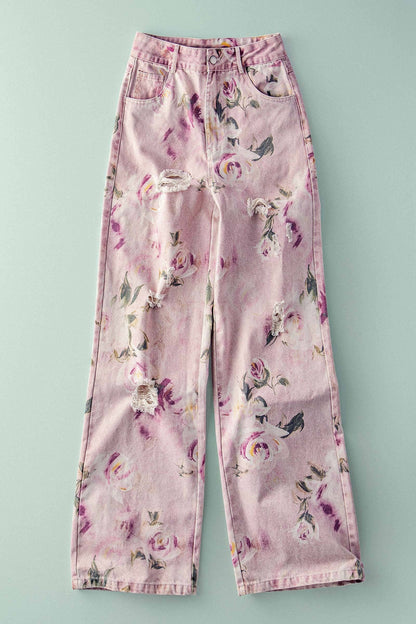 Urban Daizy - Romantic Rose Print High-Rise Denim Pants