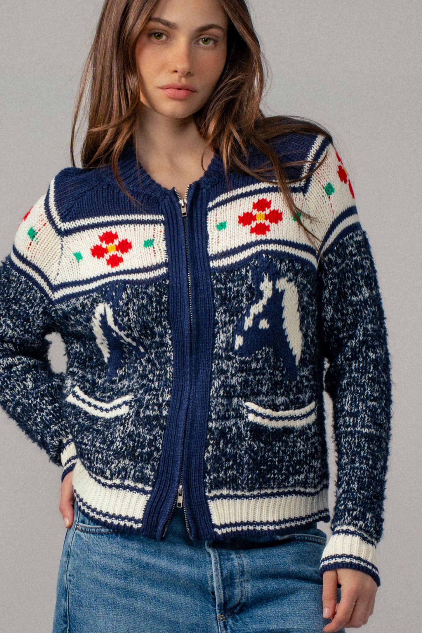 Urban Daizy Floral Yoke Zip-Up Knit Cardigan
