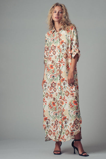 Urban Daizy Boho Floral Button-Down Midi Dress