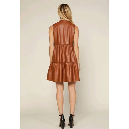 Skies Are Blue Sleeveless Vegan Leather Tiered V-neck Dress