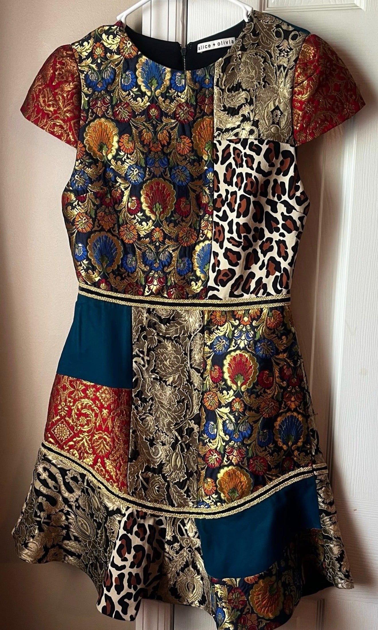 Alice + Olivia Rapunzel Brocade Patchwork Curved Hem Fit & Flare Mini Dress
