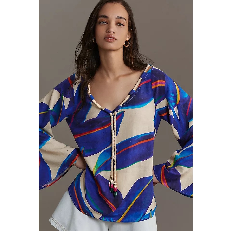 Farm Rio Long-Sleeve Rope-Tie Linen Blouse