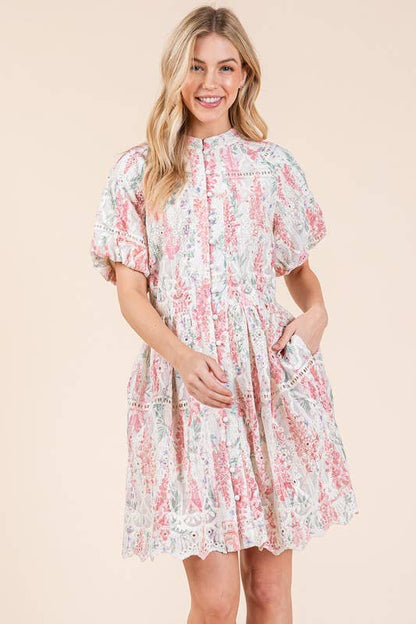GeeGee x Lovelo Floral Eyelet Lace Mini Shirt Dress