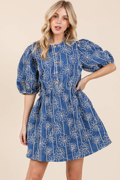 GeeGee x Lovelo Floral Embroidered Half Button-Up Mini Dress
