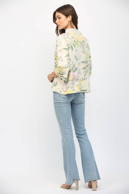 Fate Floral Pattern 3/4 Flared Sleeve Mock Neck Sweat