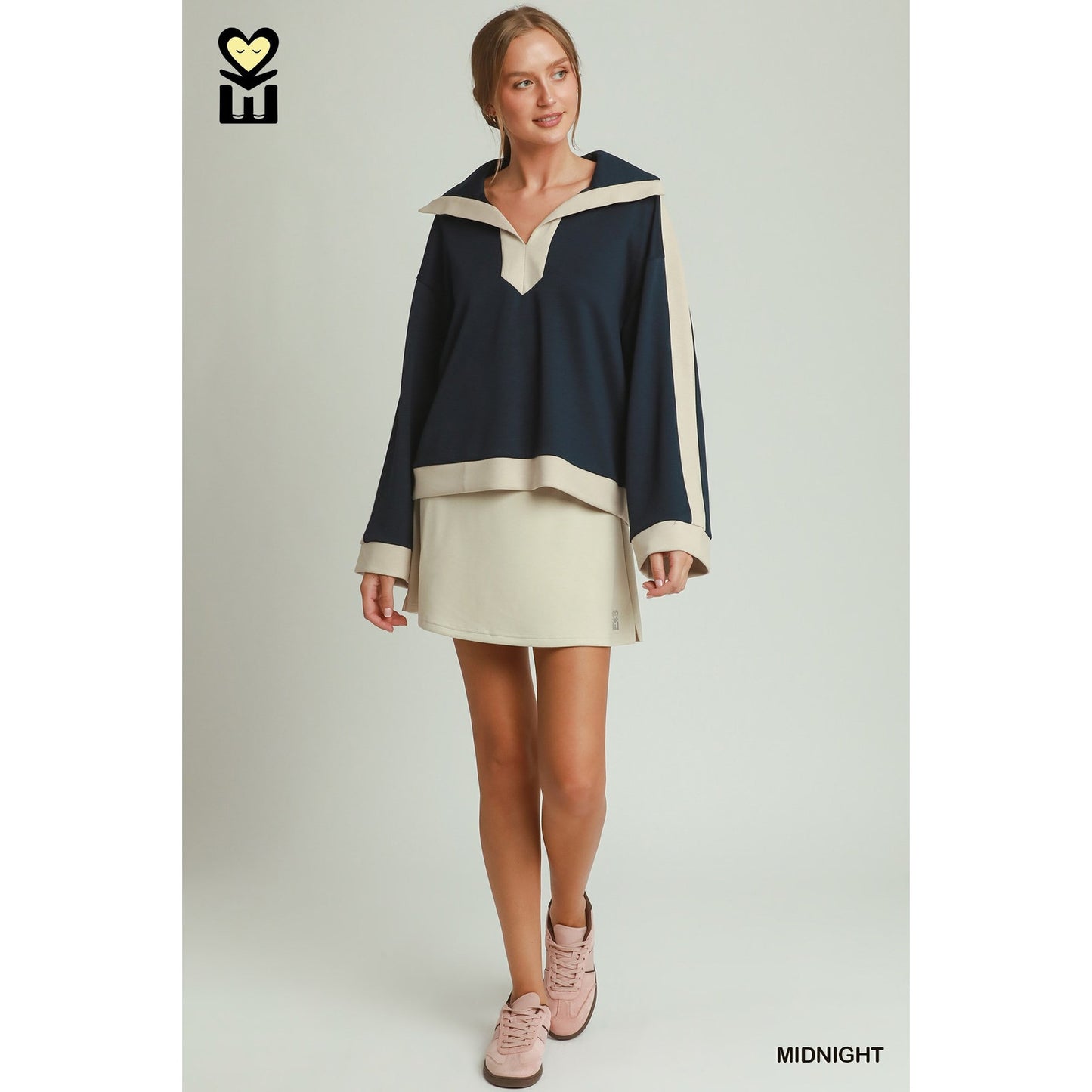 Umgee Midnight Blue LUXEKNIT Contrast Collar Top