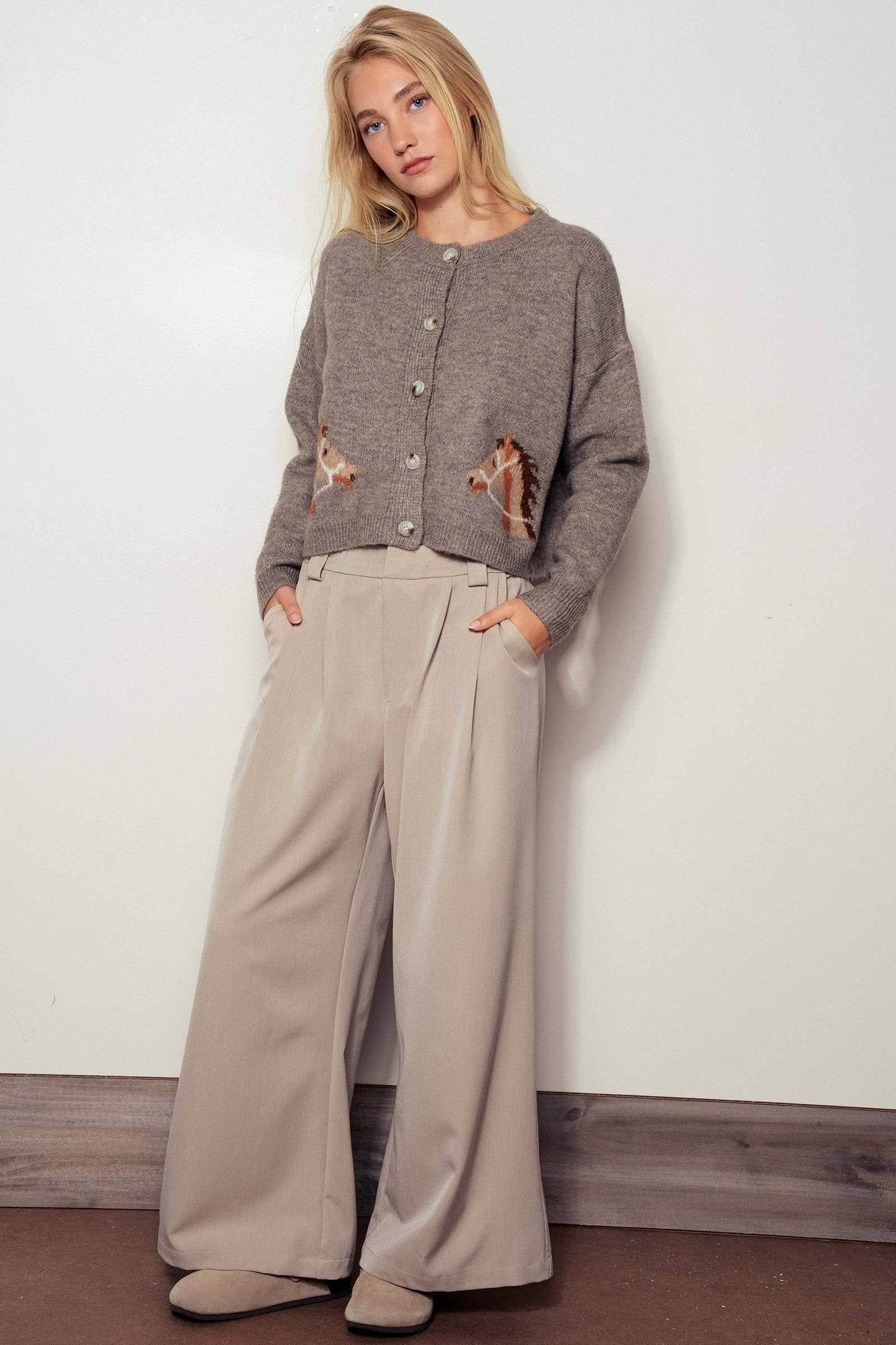 Urban Daizy Western Horse Graphic Ribbed Trim Crew Neck Cardigan