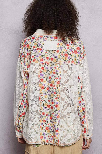 Pol Clothing - Casual V-Neck Long Sleeve Floral Patch Lace Shirt Top SALE