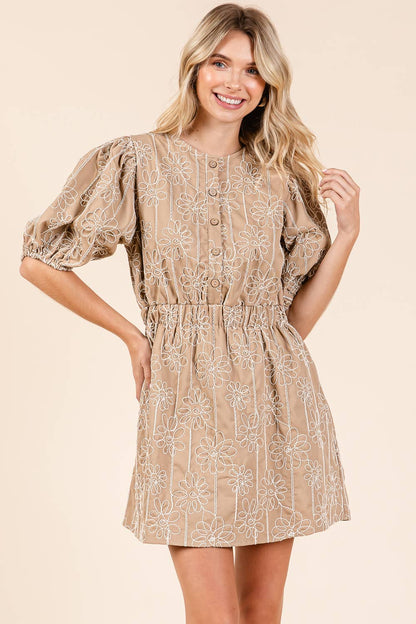 GeeGee x Lovelo Floral Embroidered Half Button-Up Mini Dress