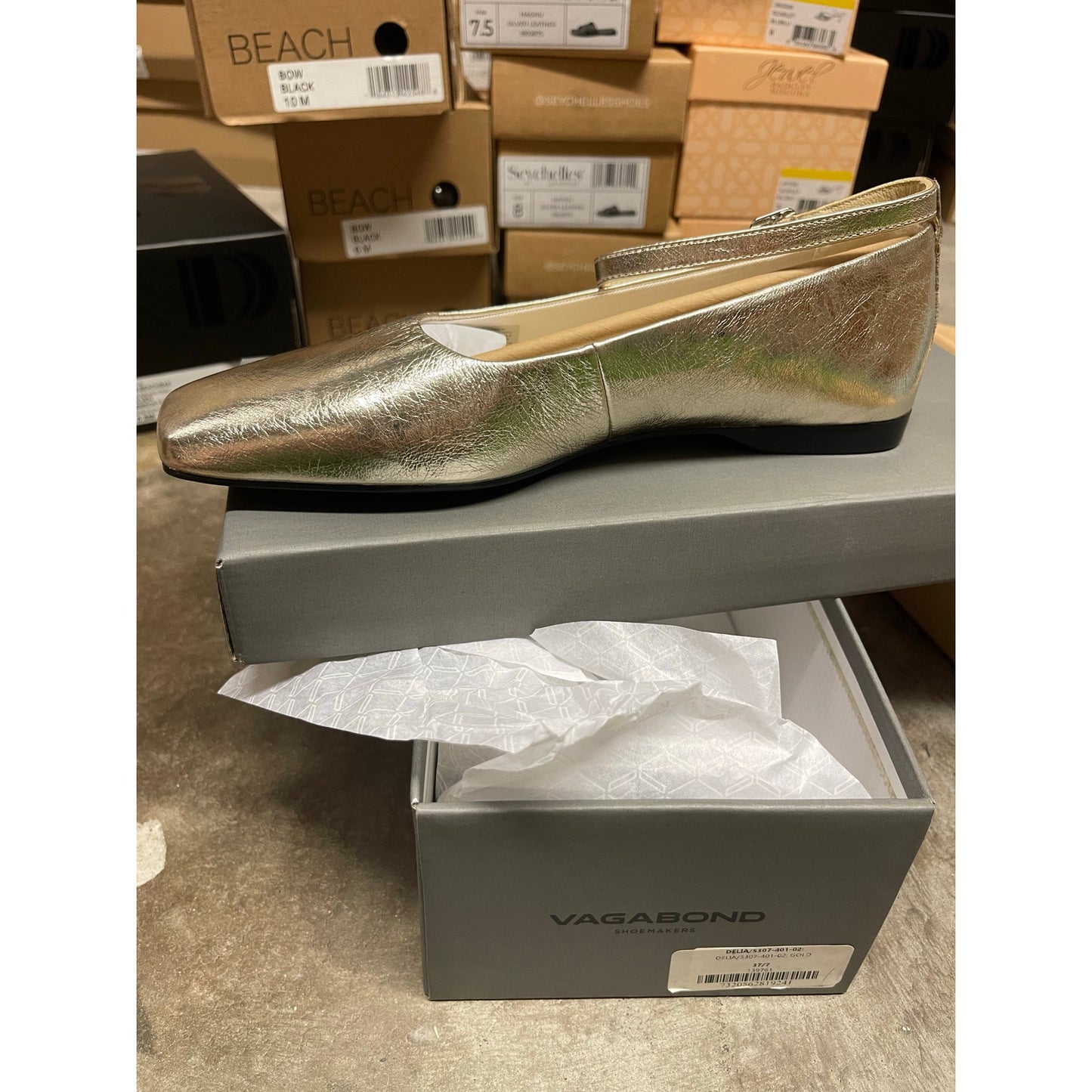 Vagabond Shoemakers Delia Gold Metallic Leather Square Toe Ankle Strap Flats