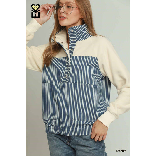 Umgee Solid & Denim Contrast Pullover