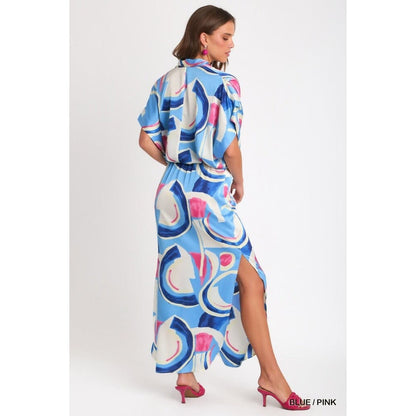 Umgee Satin Abstract Print Overlap Maxi Dress with Side Slits