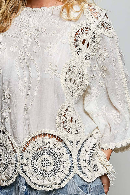 Pol Clothing - Round neck short sleeve floral embroidery top