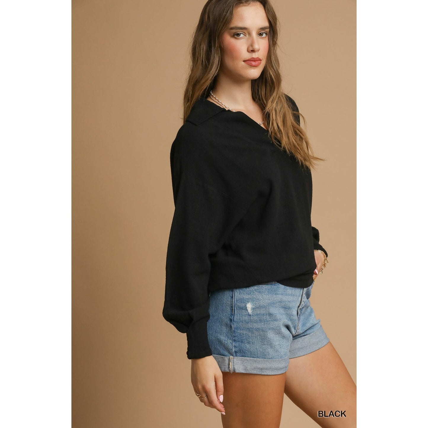 Umgee Black Linen Pullover Blouse