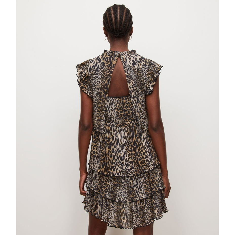 Allsaints Antheia Kiku Leopard-print Pleated Recycled-polyester Mini Dress