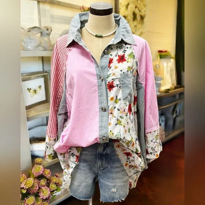 POL Clothing Patchwork Button Down Shirt Boho Floral Shirt