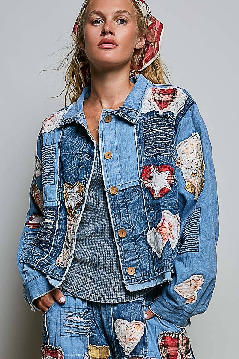 Pol Clothing Artisan Patchwork Denim Handcrafted Appliqué Vintage Jacket