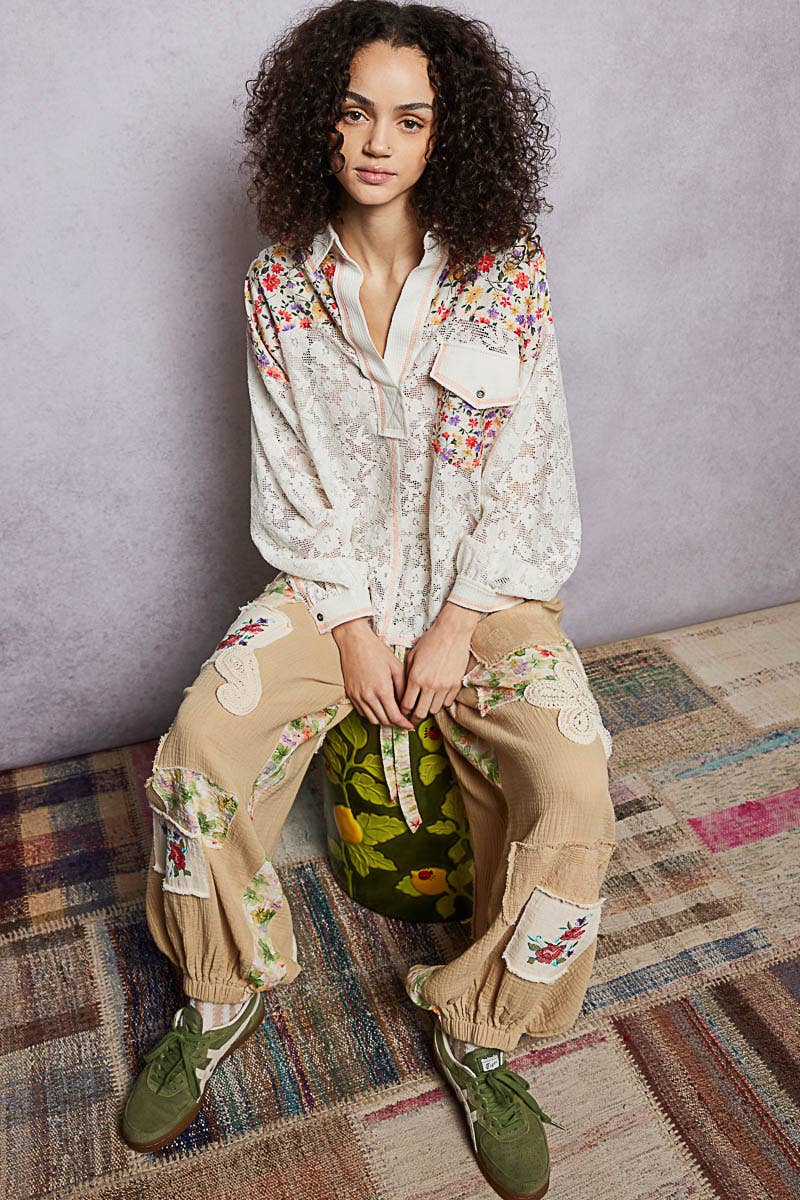 Pol Clothing - Casual V-Neck Long Sleeve Floral Patch Lace Shirt Top SALE