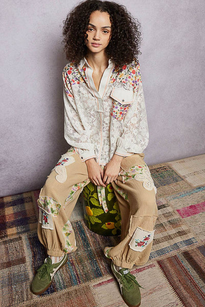 Pol Clothing - Casual V-Neck Long Sleeve Floral Patch Lace Shirt Top SALE