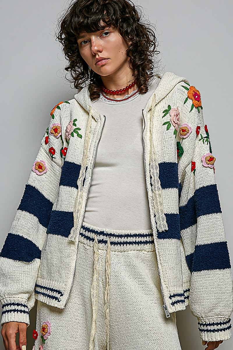 POL Clothing Striped Pattern 3D Embroidered Hoodie Zip-up Sweater
