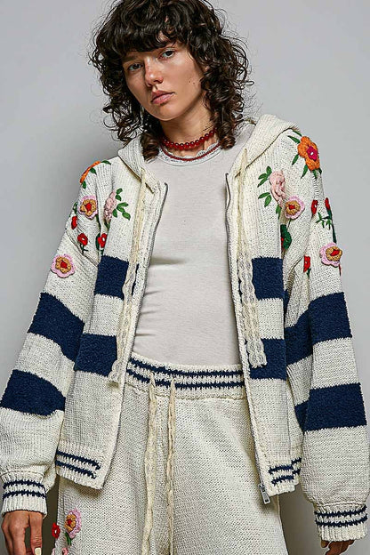 POL Clothing Striped Pattern 3D Embroidered Hoodie Zip-up Sweater