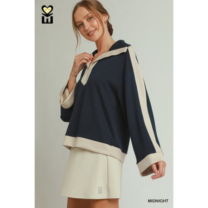 Umgee Midnight Blue LUXEKNIT Contrast Collar Top