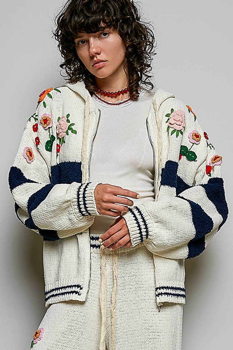 POL Clothing Striped Pattern 3D Embroidered Hoodie Zip-up Sweater