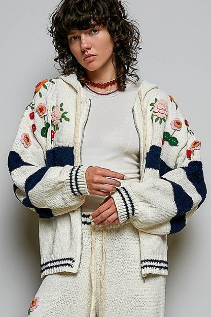 POL Clothing Striped Pattern 3D Embroidered Hoodie Zip-up Sweater