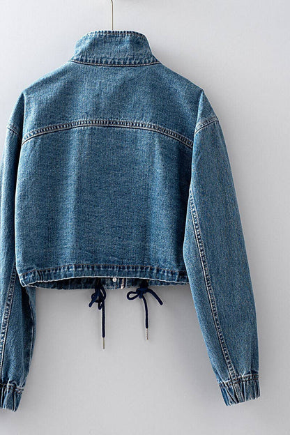 Urban Daizy Utility Cropped Drawstring Hem Stand Collar Denim Jacket