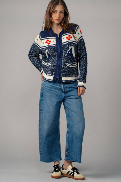 Urban Daizy Floral Yoke Zip-Up Knit Cardigan