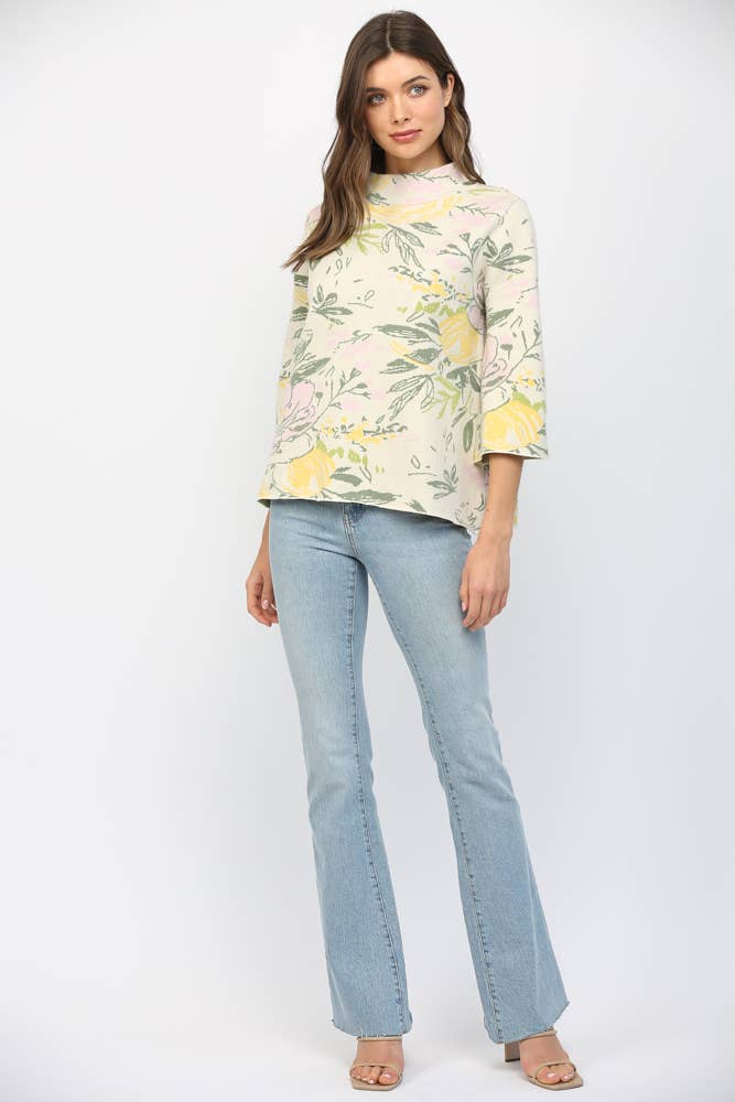 Fate Floral Pattern 3/4 Flared Sleeve Mock Neck Sweat
