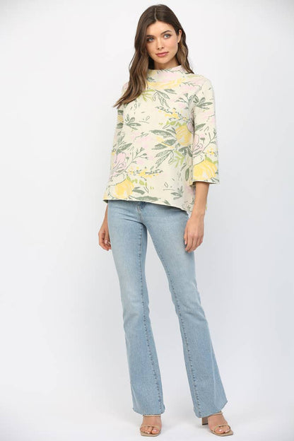 Fate Floral Pattern 3/4 Flared Sleeve Mock Neck Sweat
