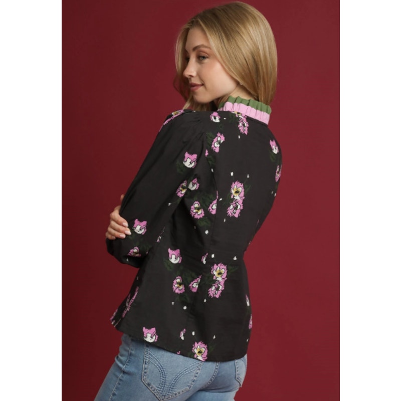 Umgee Abstract Floral Bunch Print Ruffle Blouse