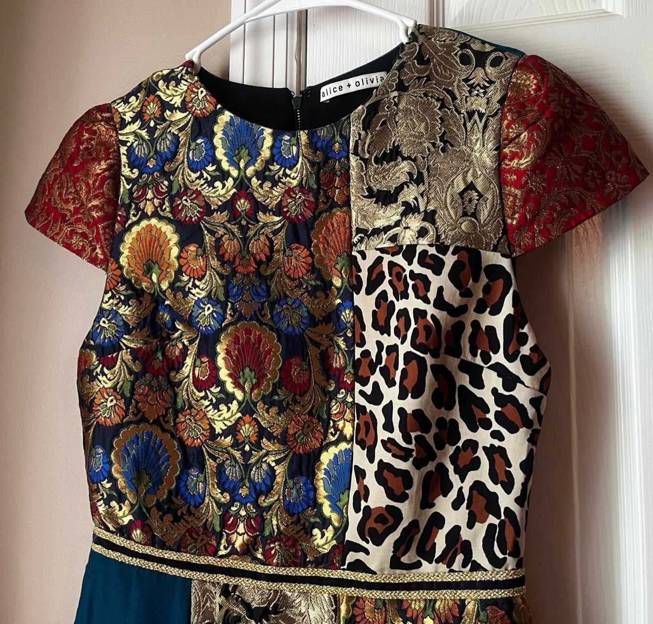 Alice + Olivia Rapunzel Brocade Patchwork Curved Hem Fit & Flare Mini Dress