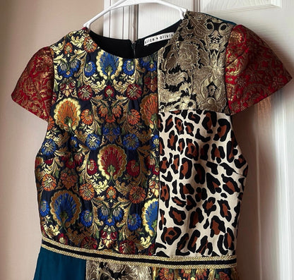 Alice + Olivia Rapunzel Brocade Patchwork Curved Hem Fit & Flare Mini Dress