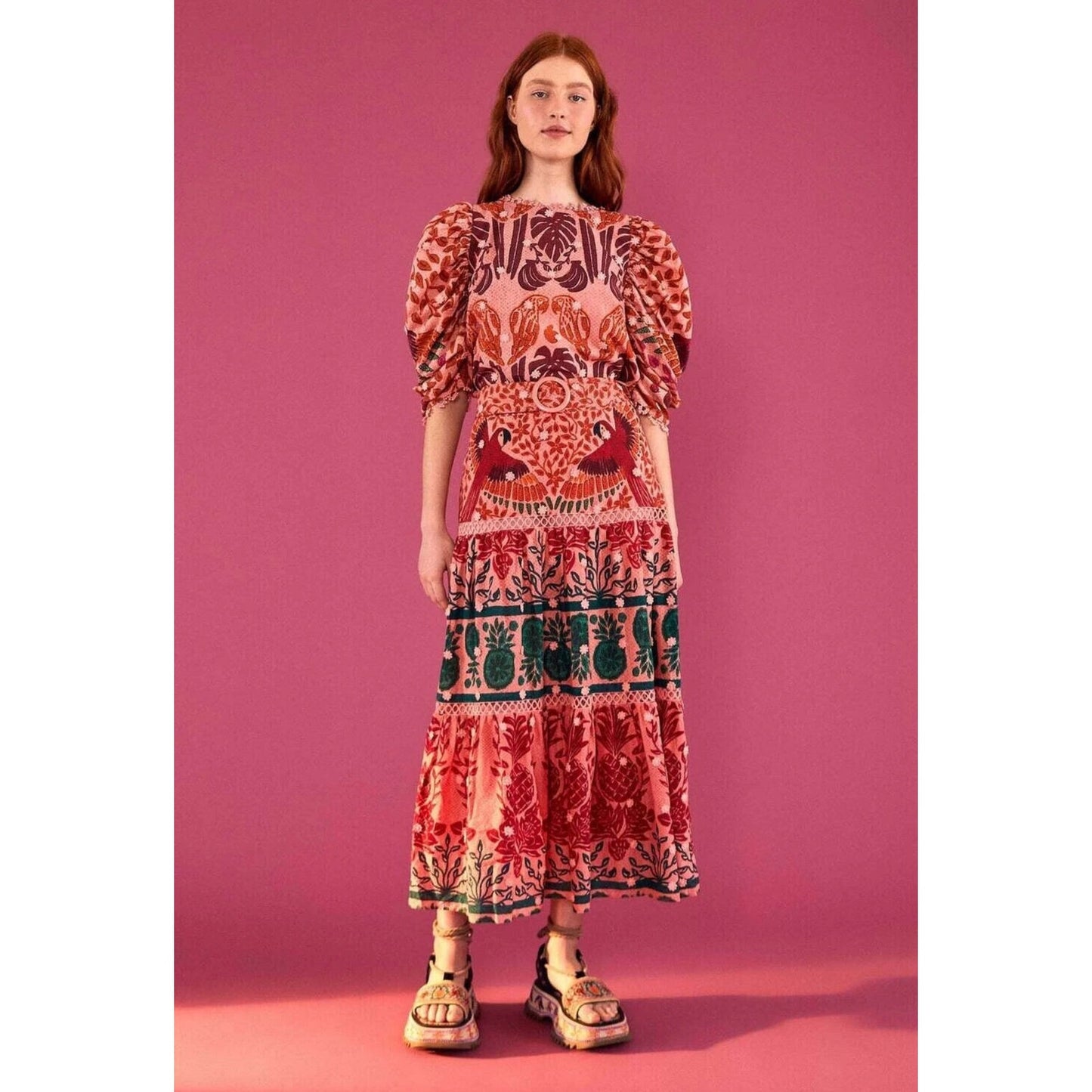 FARM RIO Ainika Print Macaws Cotton Maxi Skirt XS Pink Belted