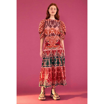 FARM RIO Ainika Print Macaws Cotton Maxi Skirt XS Pink Belted