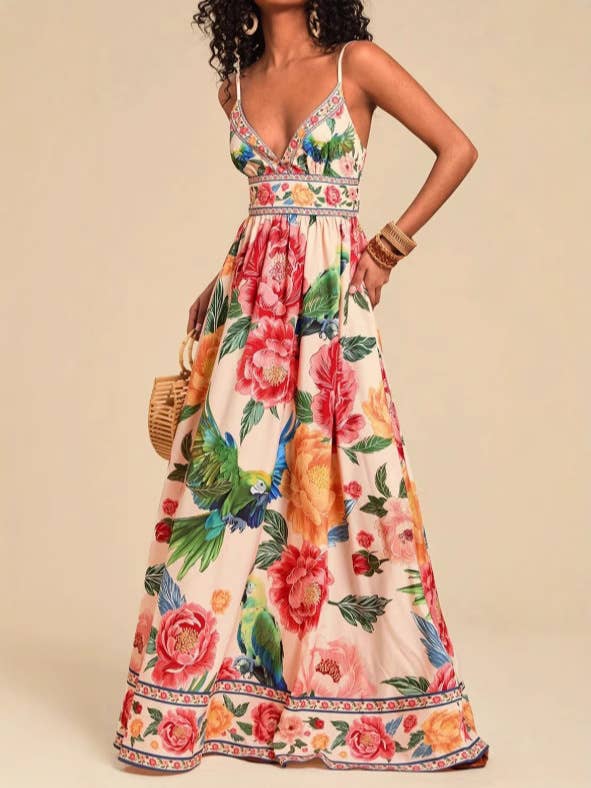Rosa Clothing - Verona Macaw & Peony Floral print resort strappy sundress