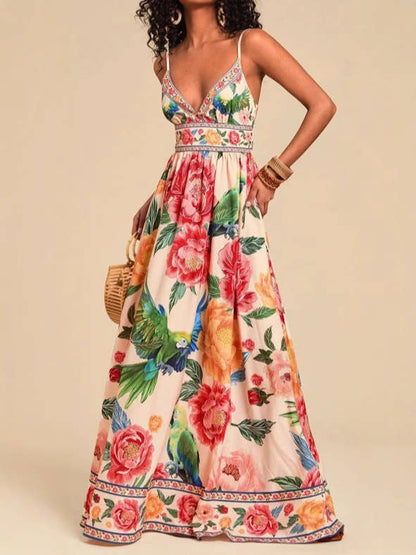 Rosa Clothing - Verona Macaw & Peony Floral print resort strappy sundress