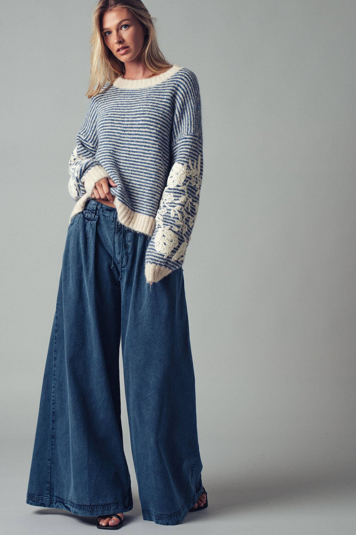 Urban Daizy Floral Embroidered Striped Knit Sweater