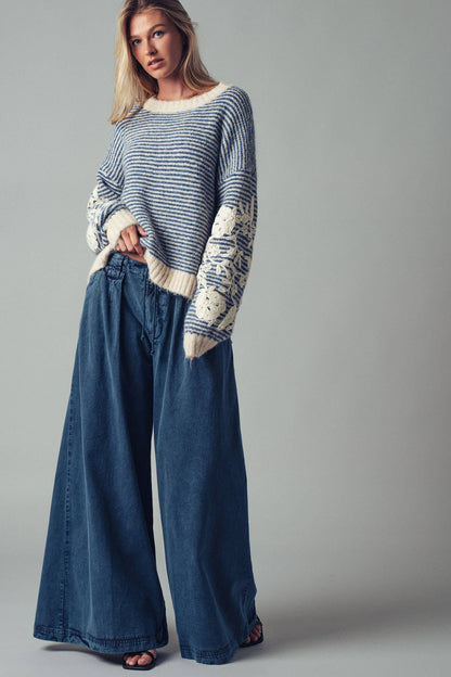 Urban Daizy Floral Embroidered Striped Knit Sweater