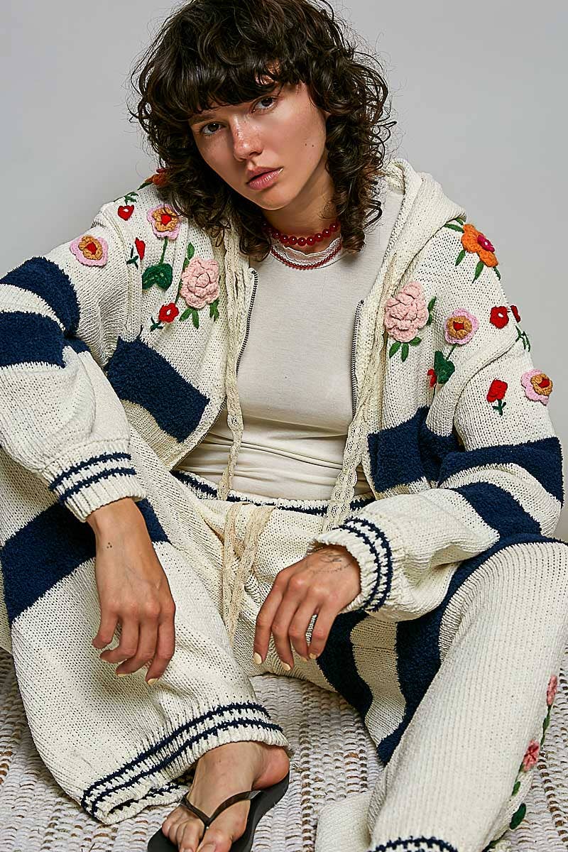POL Clothing Striped Pattern 3D Embroidered Hoodie Zip-up Sweater