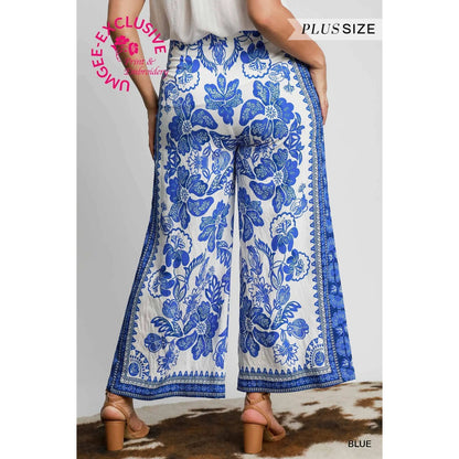 Umgee Blue Floral Wide Leg Pants - Plus