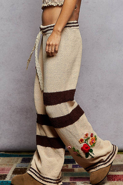 Pol Clothing Striped pattern 3D embroidered detail chenille sweater pants