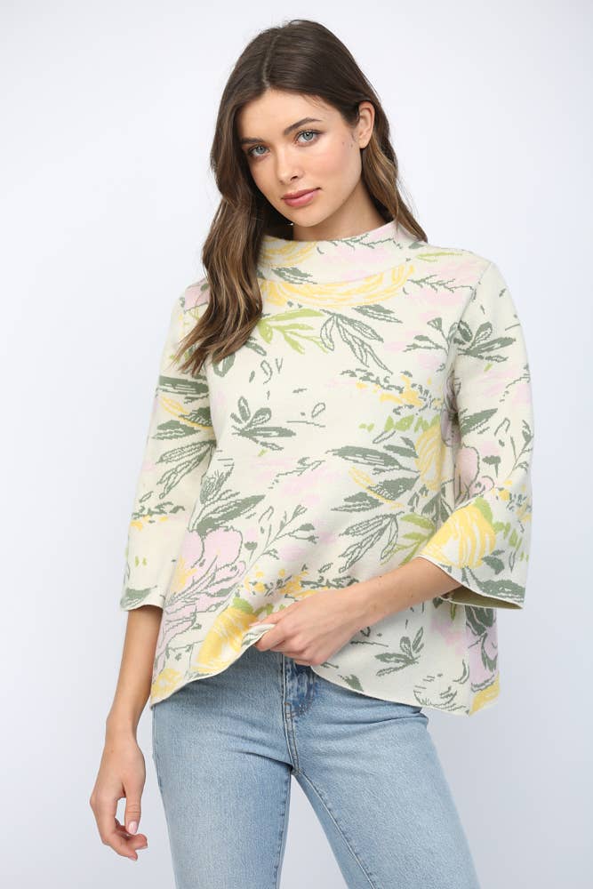 Fate Floral Pattern 3/4 Flared Sleeve Mock Neck Sweat