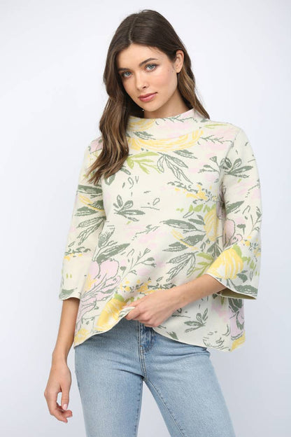 Fate Floral Pattern 3/4 Flared Sleeve Mock Neck Sweat