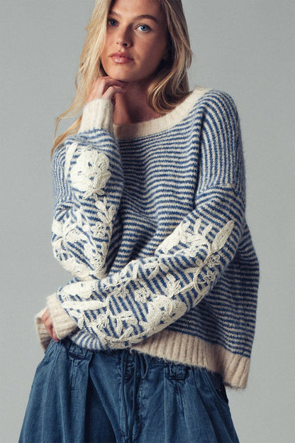 Urban Daizy Floral Embroidered Striped Knit Sweater