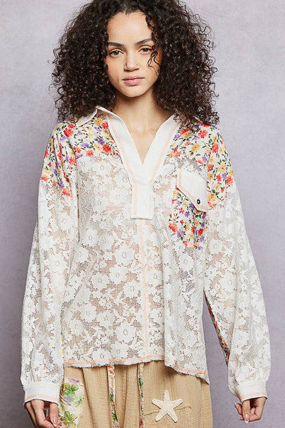 Pol Clothing - Casual V-Neck Long Sleeve Floral Patch Lace Shirt Top SALE